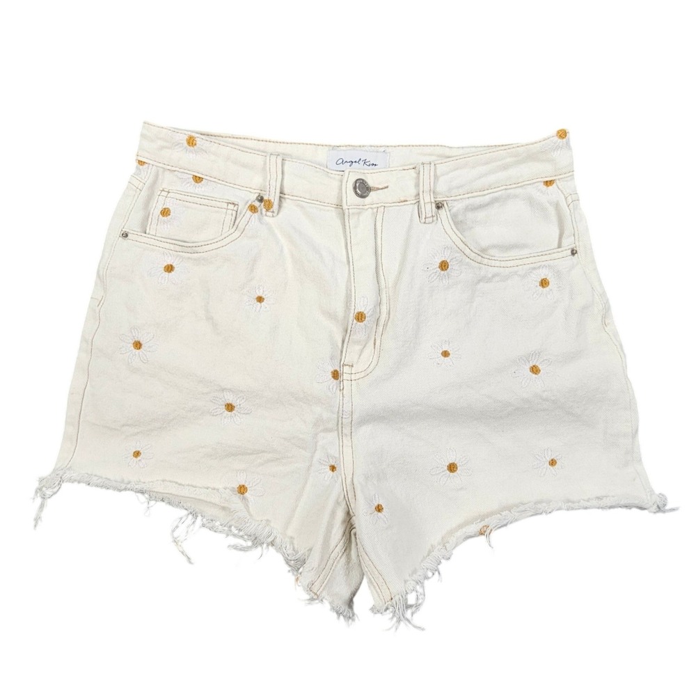 Angel Kiss Daisy‎ Embroidered High Rise Cutoff Denim Shorts Size 9/29 Cream